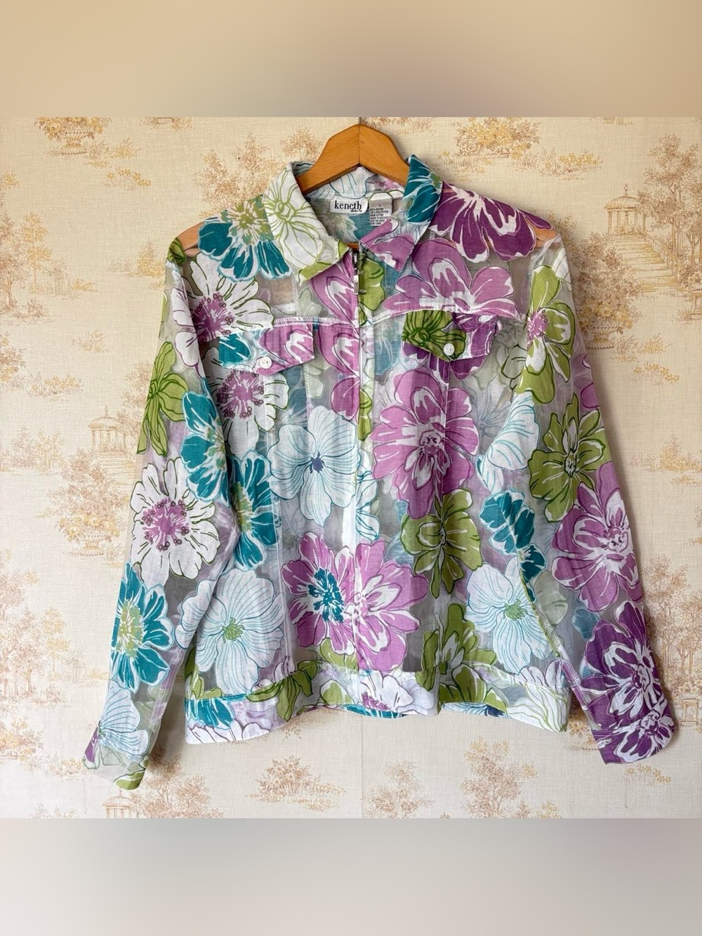 Vintage 90s Floral Sheer Zip-Up Jacket Purple White Granny Cottagecore L